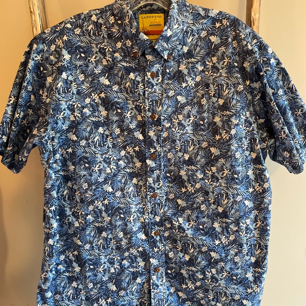 Lands' End Blue and White Casual Button Down Shirt